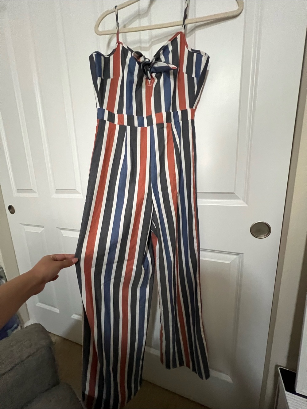 Romeo & Juliet Couture Navy, Rust & White Striped Tie-Front Jumpsuit